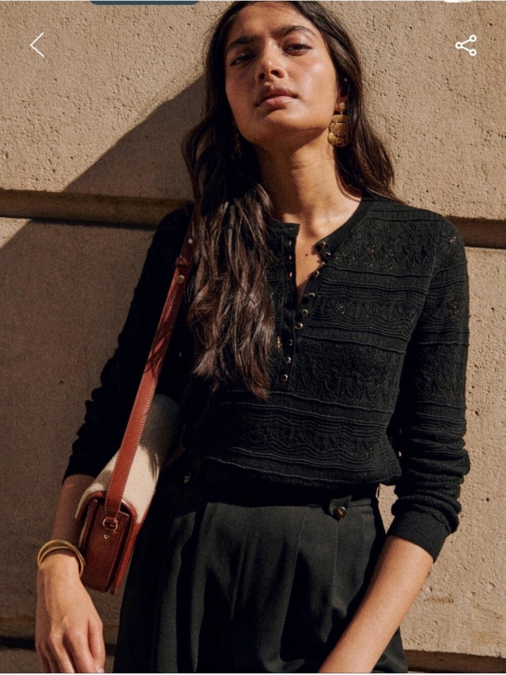Sezane Lyna Sweater Merino Wool Pointelle Black Henley S